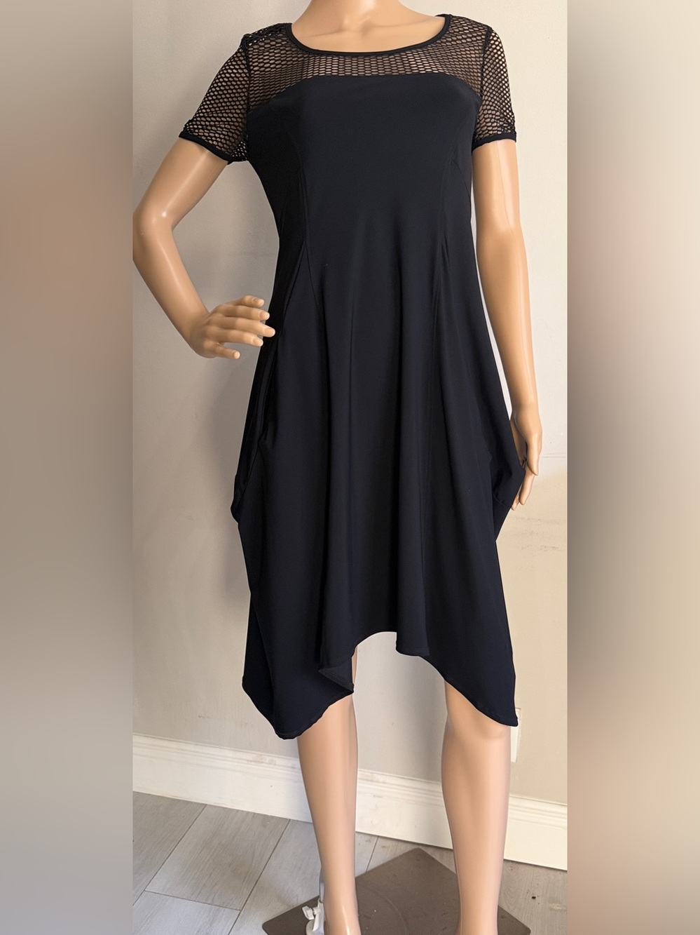 A.Marsi Black Asymmetrical Dress with mesh inserts. Great fabric! Size 40 Italy